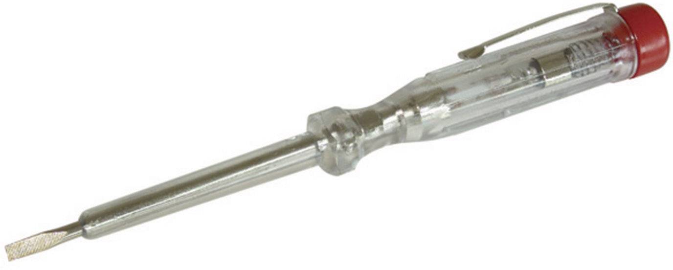 A phase tester screwdriver with a transparent handle and metal blade, commonly used for checking electrical voltages.
