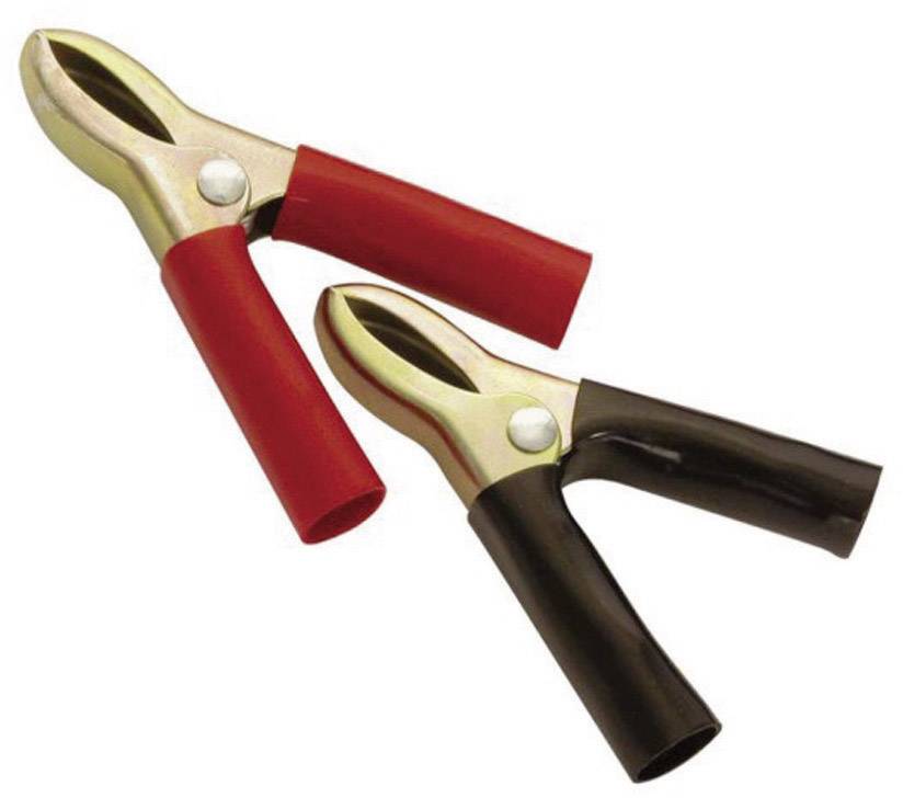 Two battery terminals, one red and one black, used for connecting electrical cables to a battery for power transmission.