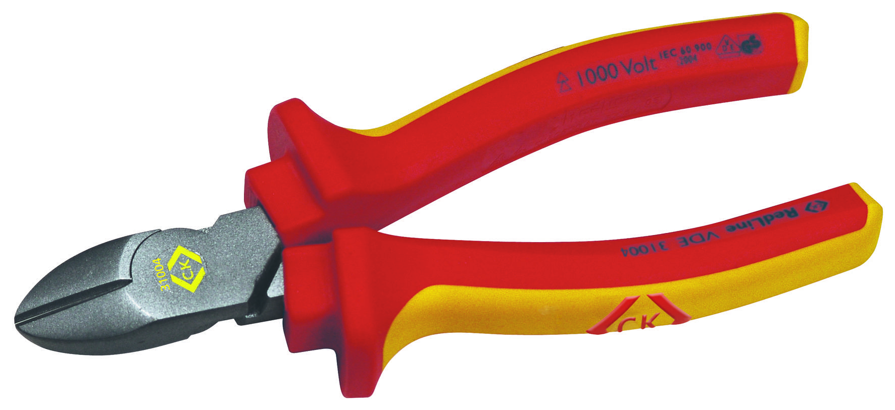 Side cutters with yellow and red handle, suitable for work up to 1000 volts, lying on a white surface.