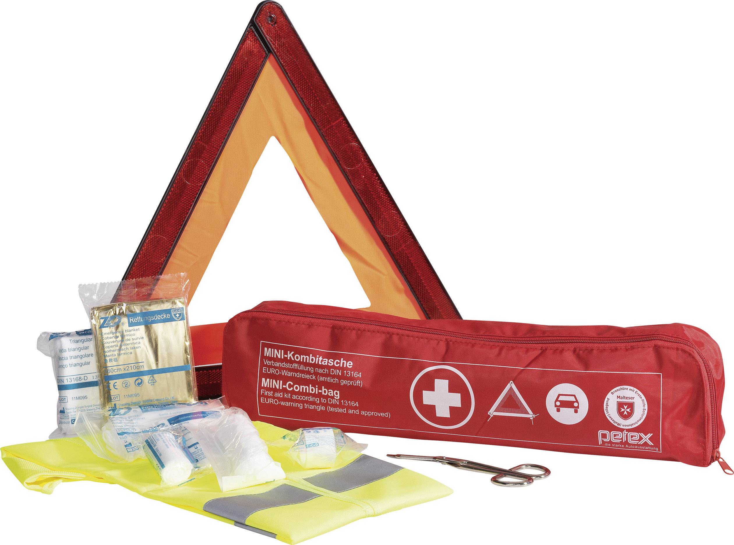 Emergency kit with warning triangle, red first aid set, reflective yellow hi-vis vest, bandages and scissors, for automotive emergencies.