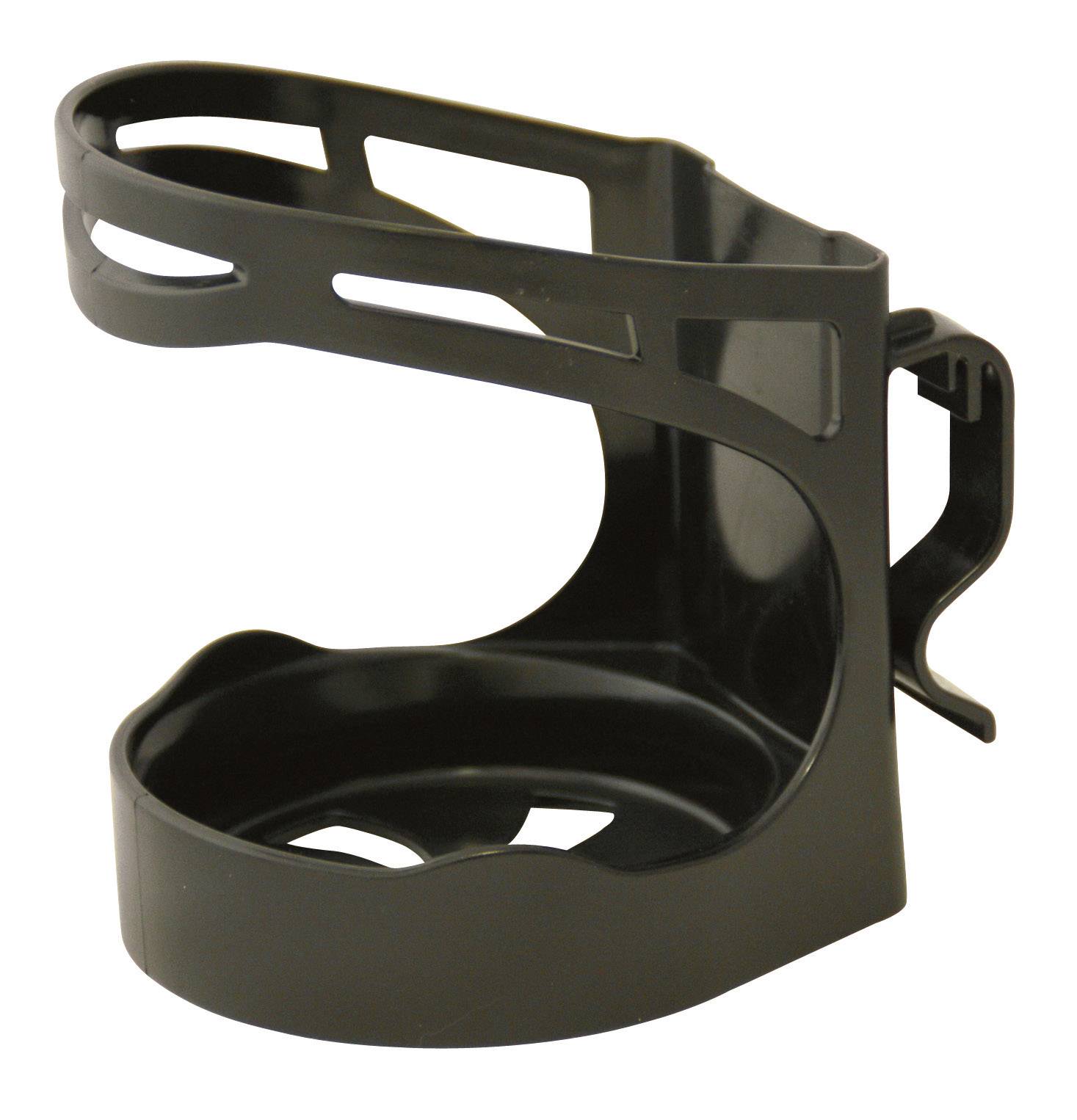 A black plastic bicycle bottle holder, sturdy and lightweight, suitable for standard drinking bottles, designed for mounting on bicycle frames.