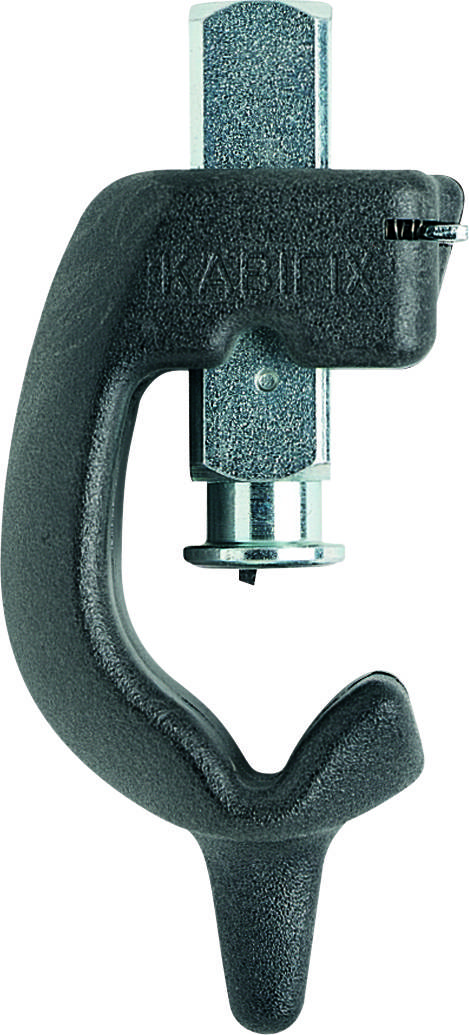 A black hook with a silver locking mechanism. Frequently used for secure hanging in event and stage technology.