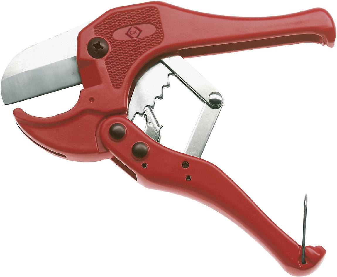 Red pipe cutter with silver blade and serrated lever, used for cutting pipes.