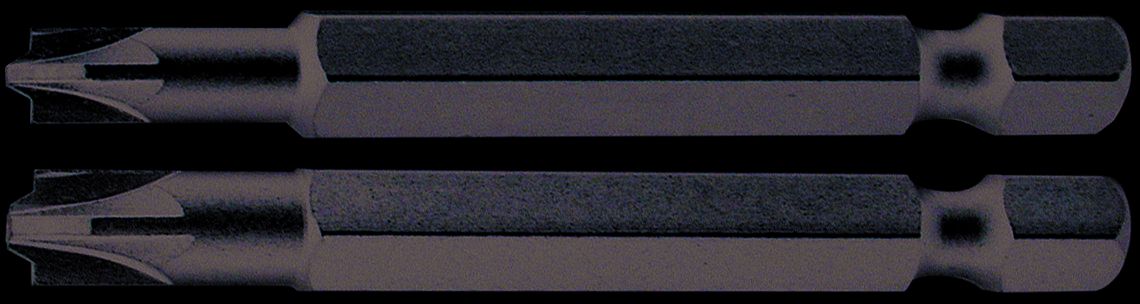 Two black screwdriver bits with hexagonal shafts, suitable for Torx screws, lying side by side.