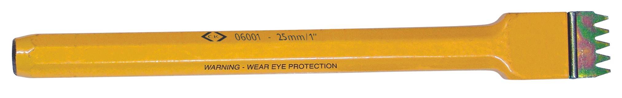 A yellow pointed chisel with a green and red tip. On the chisel it reads 'Note effects - wear eye protection'.