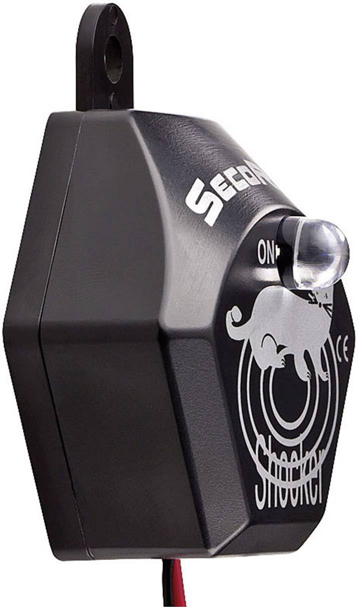 A black, hexagonal electronic device with a white switch and an LED light, featuring an animal silhouette.