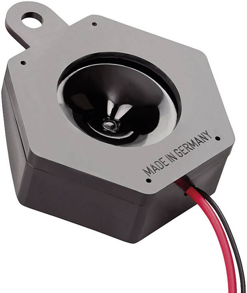 A hexagonal speaker with a circular membrane and two connecting cables, labelled 'MADE IN GERMANY'.