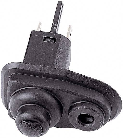 A black plastic push switch with two protruding buttons and two connection pins for installation in electronic devices.