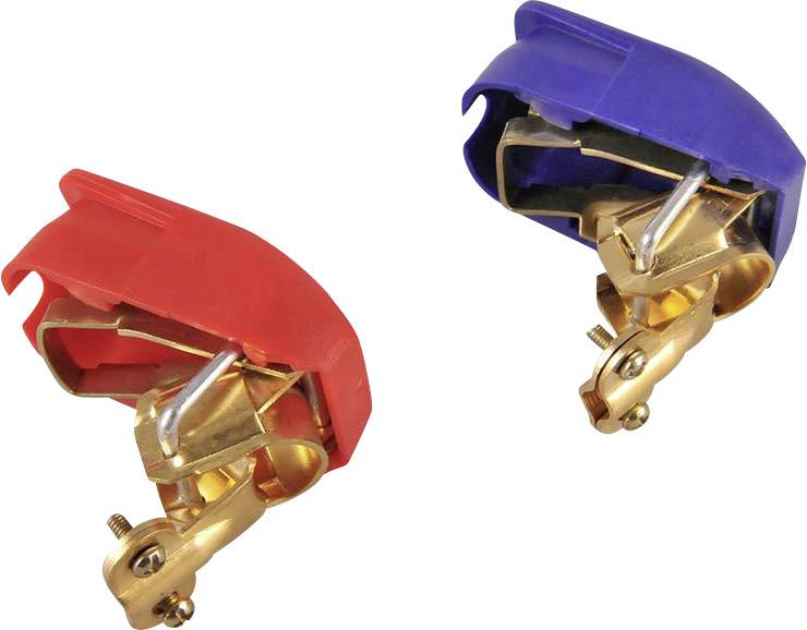 Two three-phase electrical plugs, one in red and one in blue, made of metal with plastic covers, both pointing to the right.