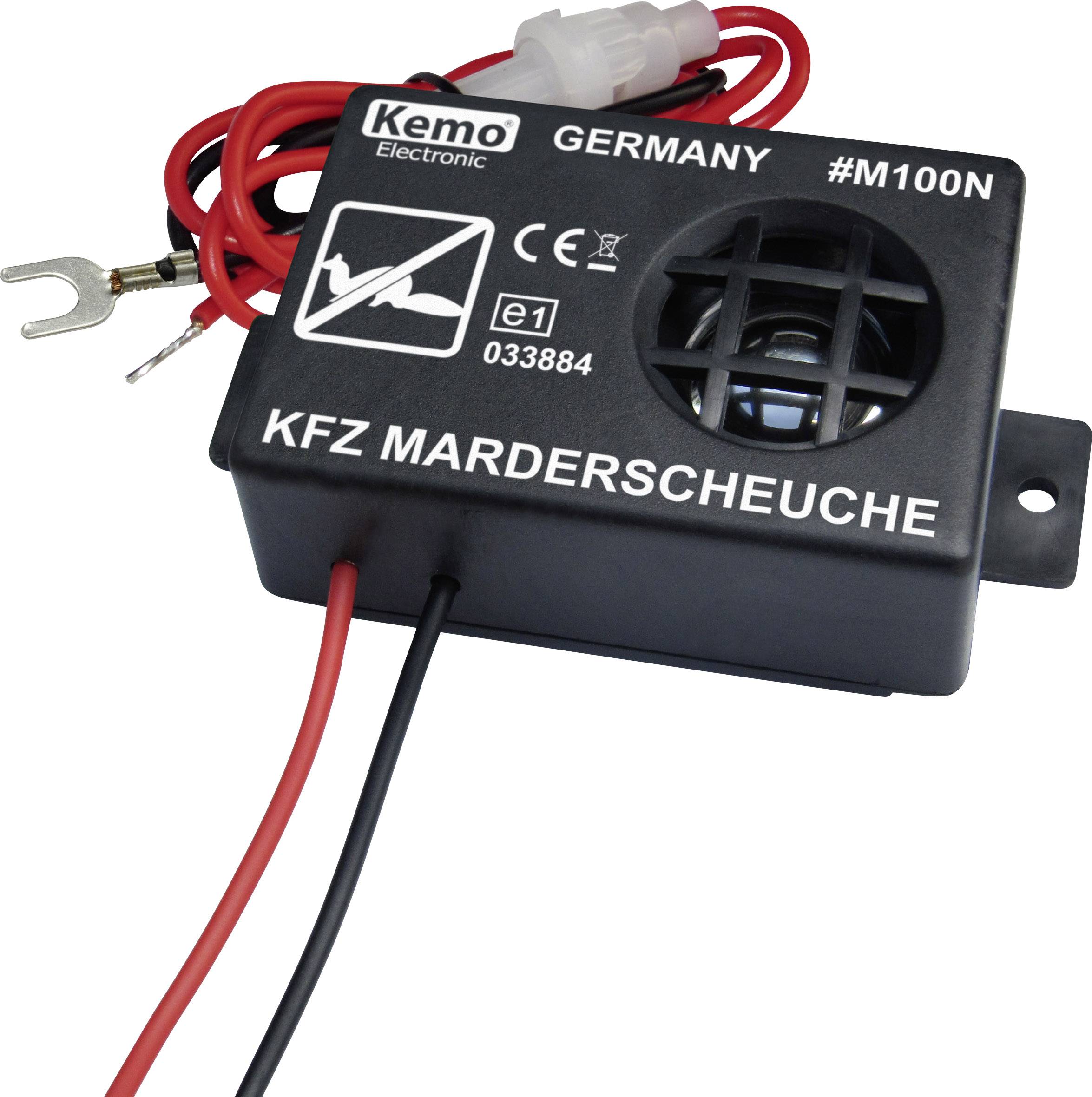 Black device with ventilation grille and cables, labelled as 'Vehicle Marten Deterrent'. Manufactured in Germany, Model #M100N.