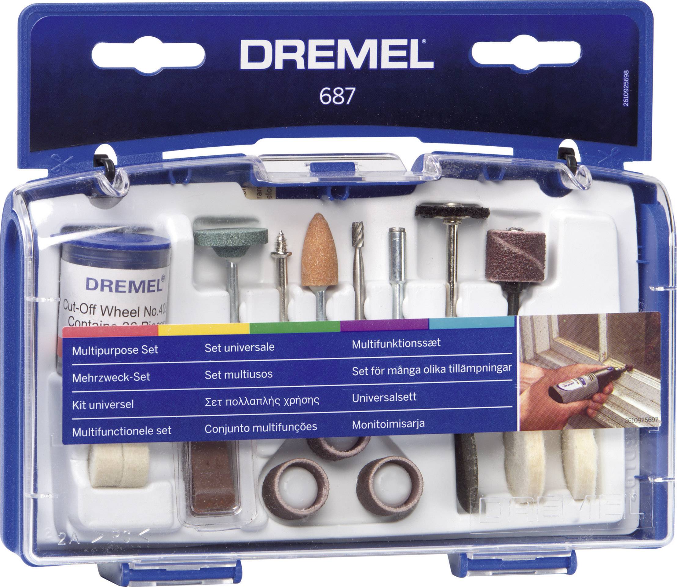 'Dremel Multi-Function Set 687' with various grinding and polishing attachments in a clear plastic box.