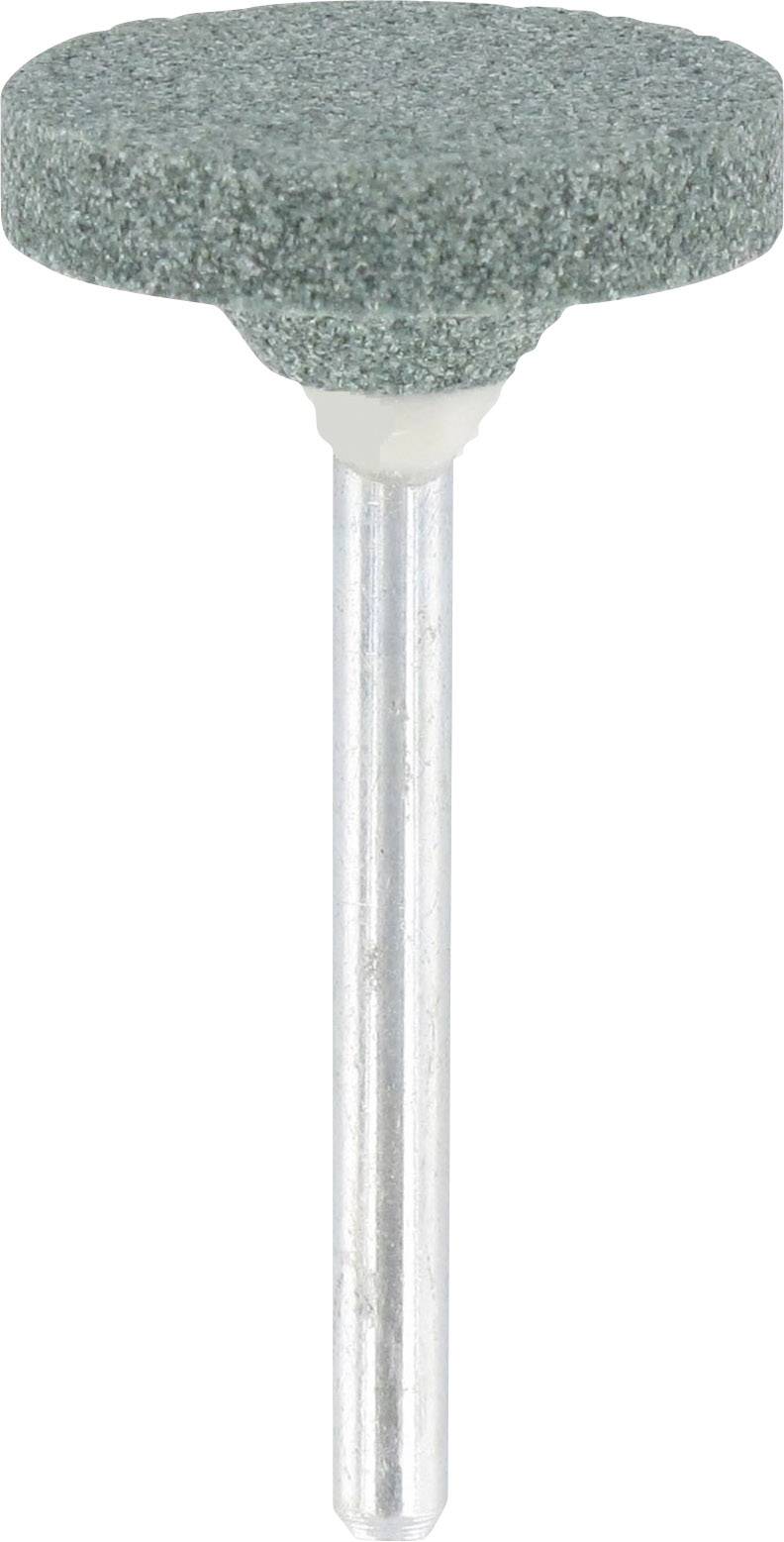 A grinding stone attachment with a metallic shaft, suitable for processing metal surfaces.