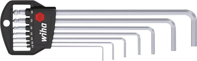 A set of seven L-shaped hex keys in various sizes, arranged in a black holder with the 'wiha' label.