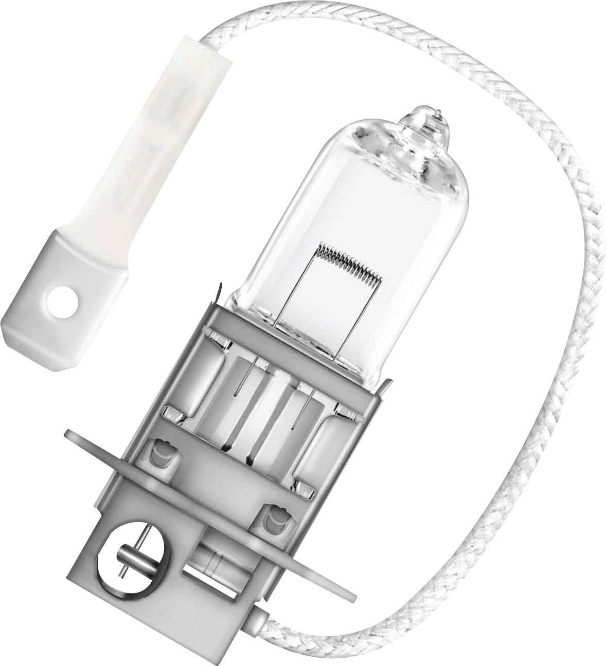 A halogen lamp with a filament and connection cable. It is used in vehicles for headlight illumination.