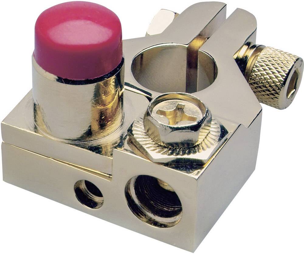 A metal plug with a red button and screw holes, possibly an electrical connection or mounting component.
