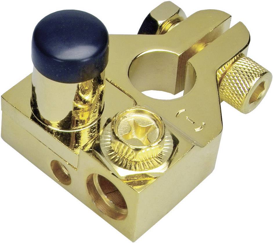 A golden battery pole adapter with a black handle and screw connections, used for securely connecting battery cables.