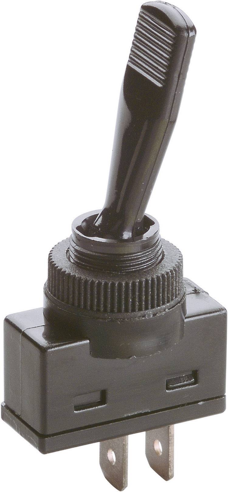 Black plastic toggle switch with two metal terminals. Suitable for switching electrical devices on and off.