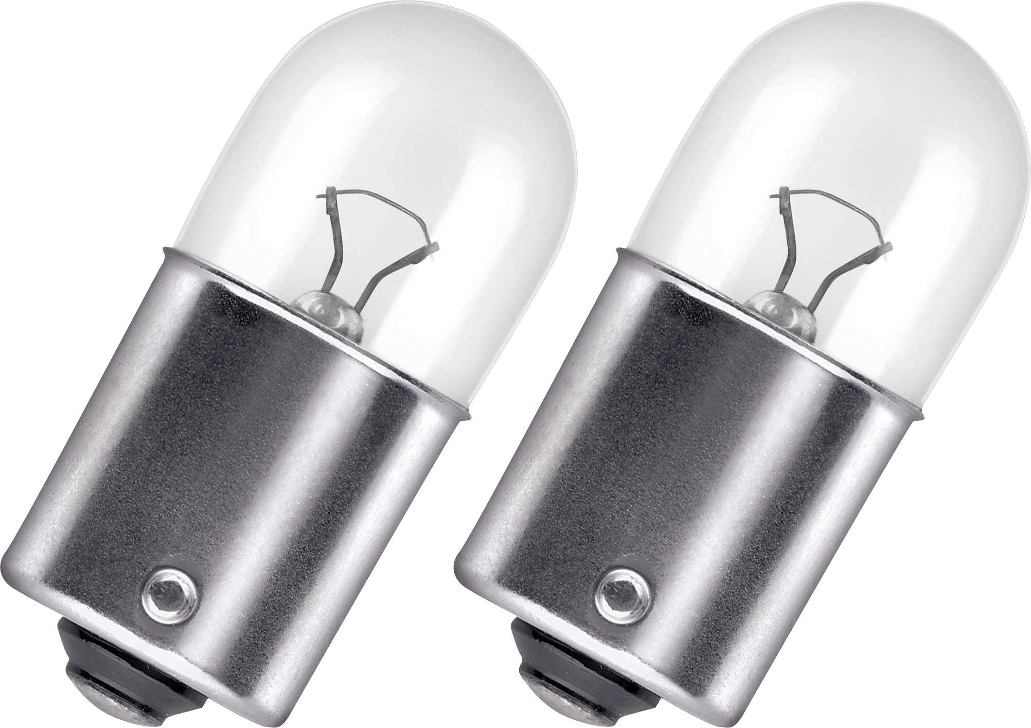 Two light bulbs with metal bases side by side, with the filament and clear glass visible.