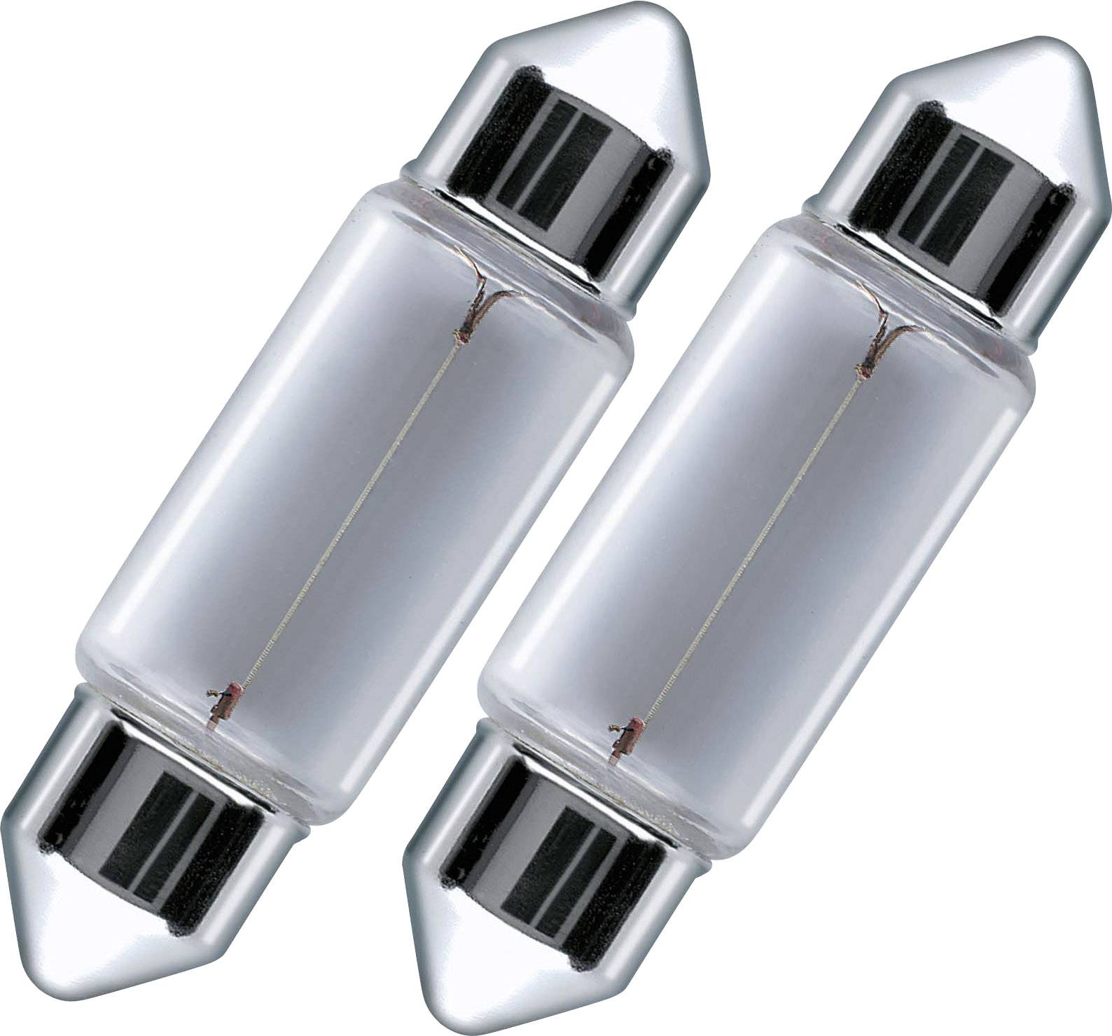 Two cylindrical automotive fuses with silver end caps and transparent glass casings, revealing the wire inside.