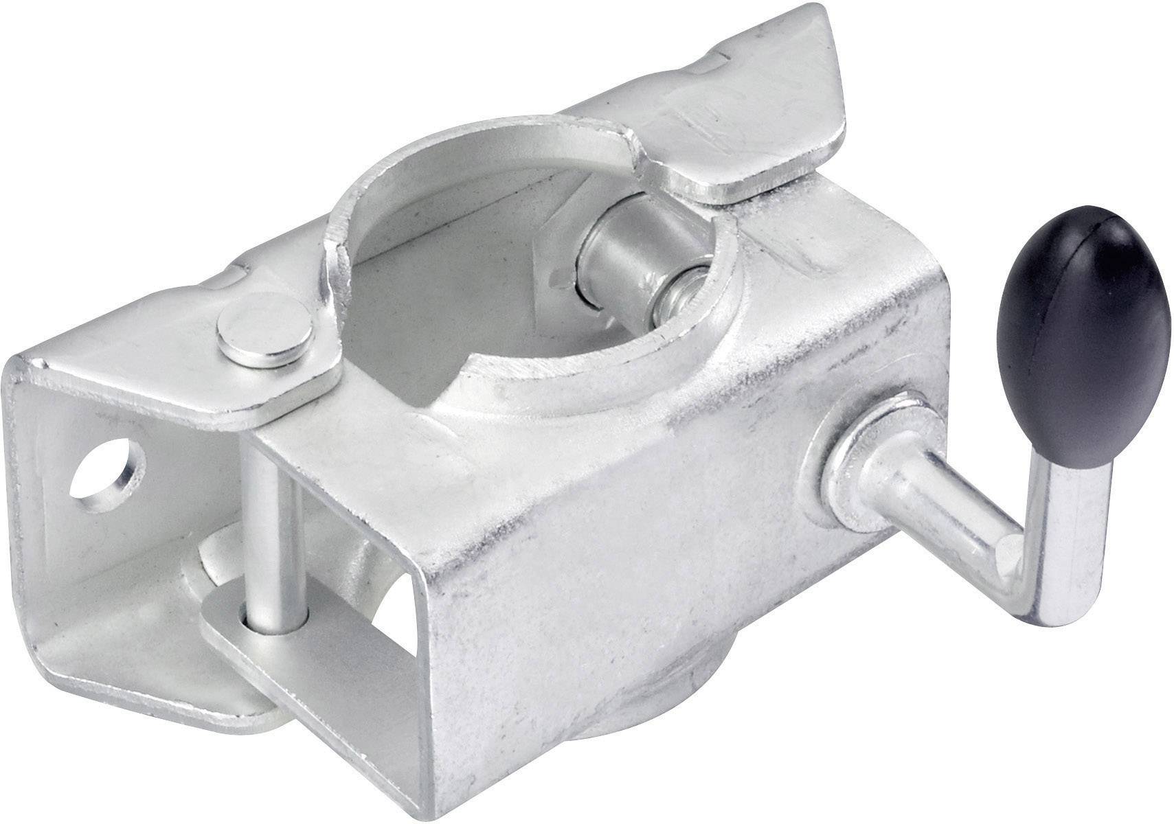 Metallic stage spotlight adapter with fixing screw and lever, suitable for attaching devices to trusses or pipes.