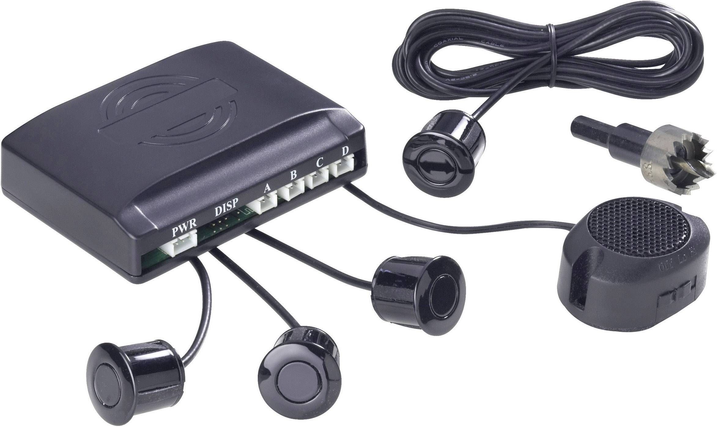 Sensor set with control box, four sensors, speaker and drill, for installing a parking assistance system in vehicles.