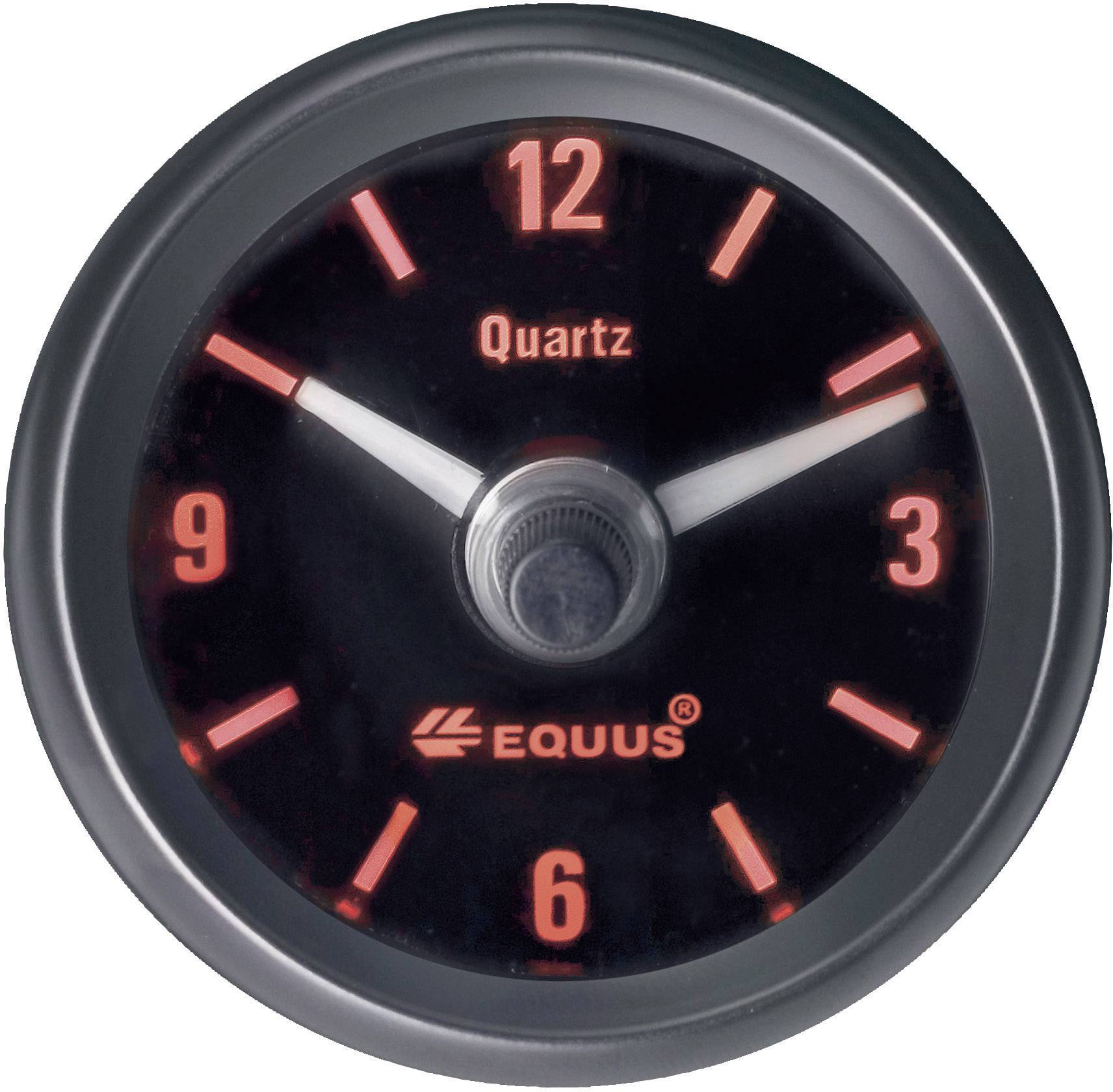 Round analogue quartz watch with black dial, white hands and red numbers at 12, 3, 6, 9. Marked with 'Equus'.
