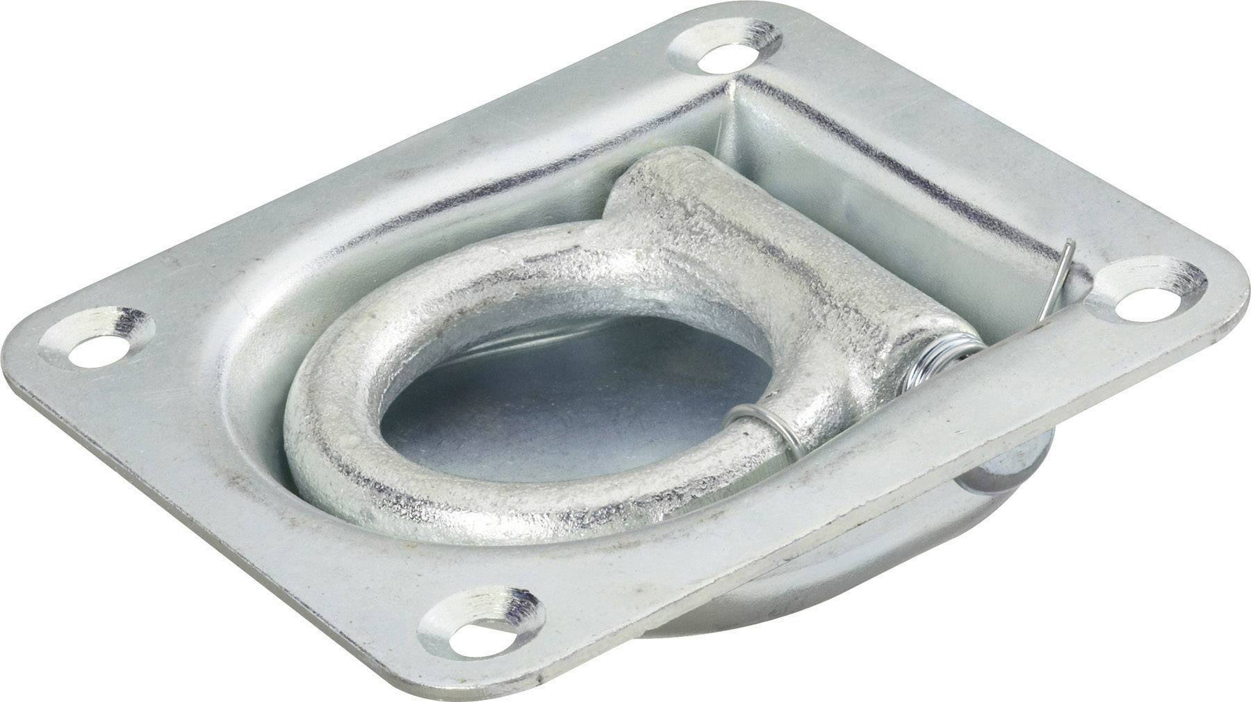 Metal loop with a rectangular plate and four fixing holes, ideal for securing items or as an anchoring point.