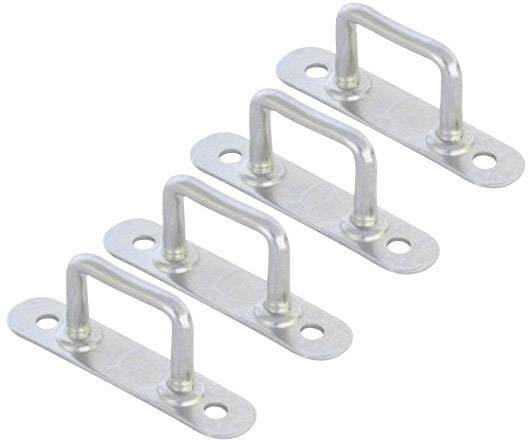 Four silver metal eyelets with flat bases and rounded handles that can be mounted on surfaces for fastening purposes.