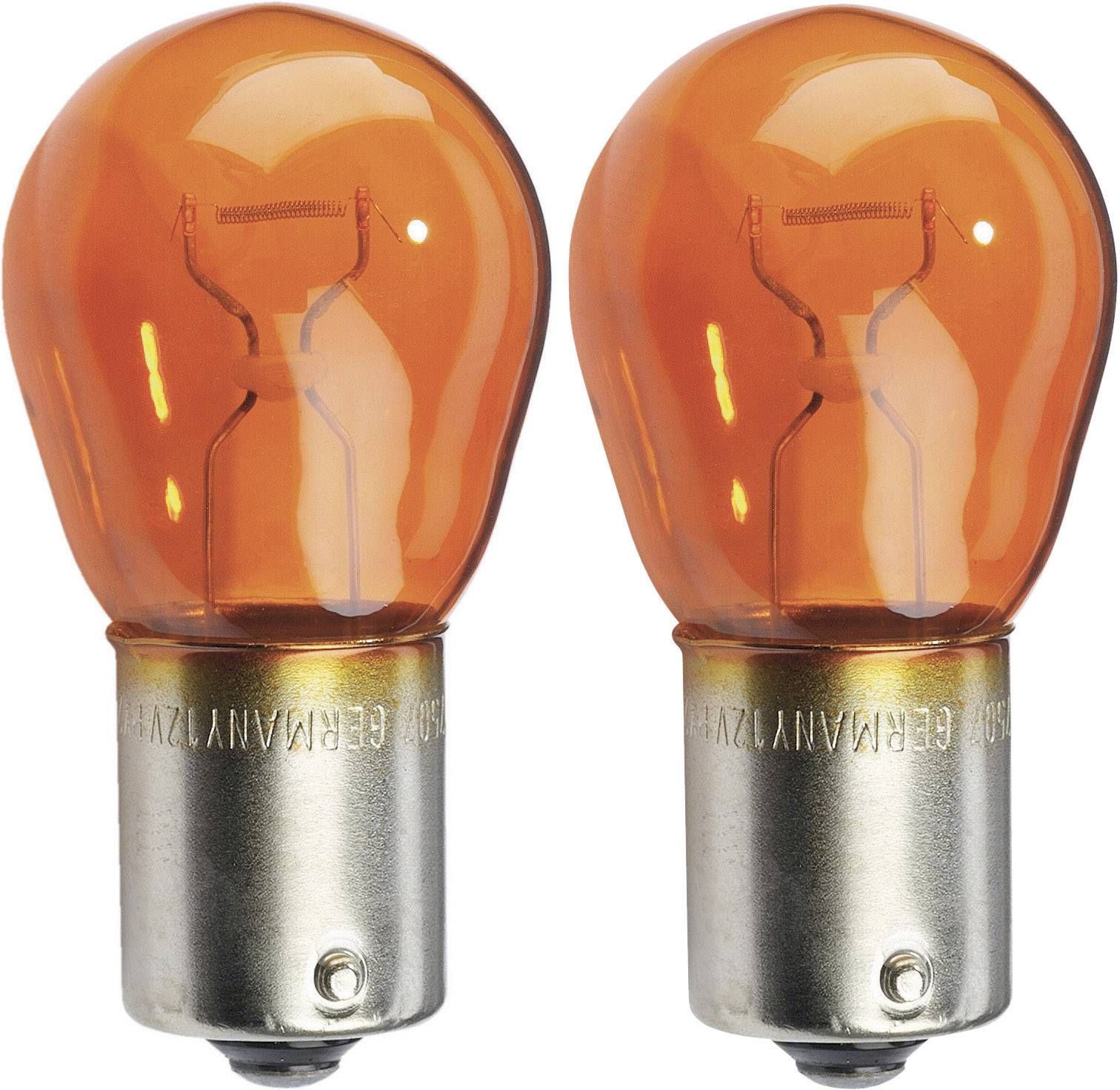 Two orange-coloured light bulbs with metal housings, arranged side by side, suitable for vehicles as indicator lights.