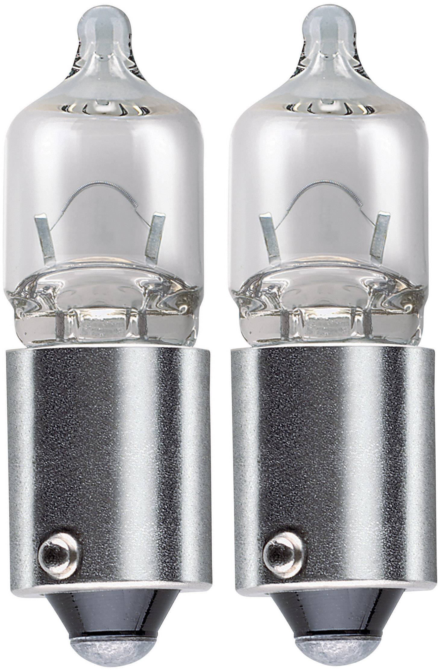 Two halogen lamps with silver bases, transparent glass bodies and visible filaments, standing upright side by side.