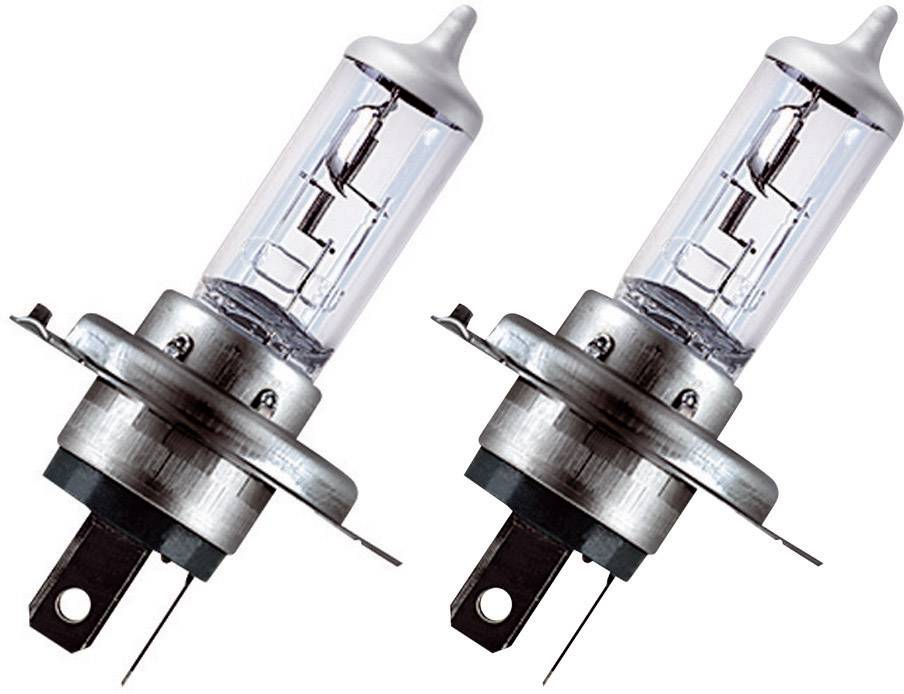 Two halogen lamps with silver base and clear glass, positioned side by side. They are suitable for use in car headlights.