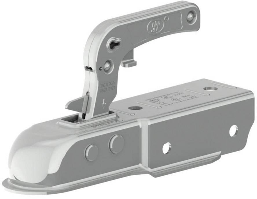 Metal trailer coupling device. Lever mechanism on top for locking. Two screw holes for attachment.