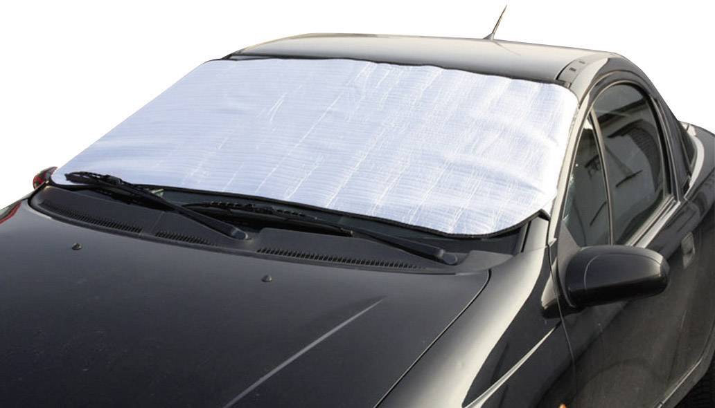 Car with reflective windscreen cover, protects against sunlight and heat.
