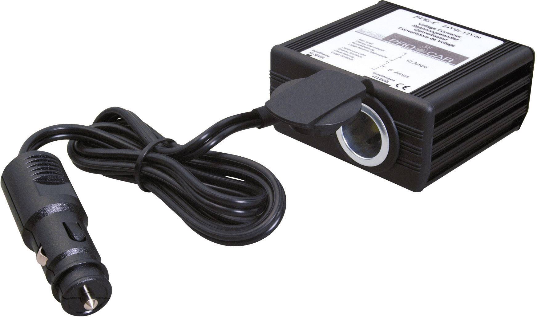 A black 12V adapter with cable and cigarette lighter plug, used in vehicles for operating or charging devices.