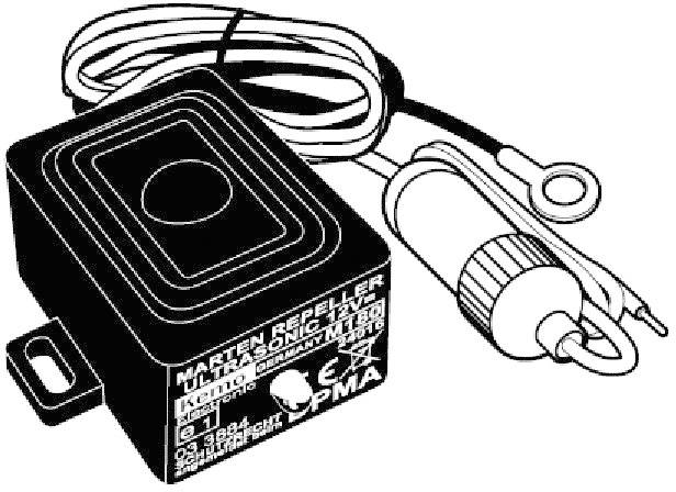 'Ultrasonic device with cables for marten deterrence, labelled 