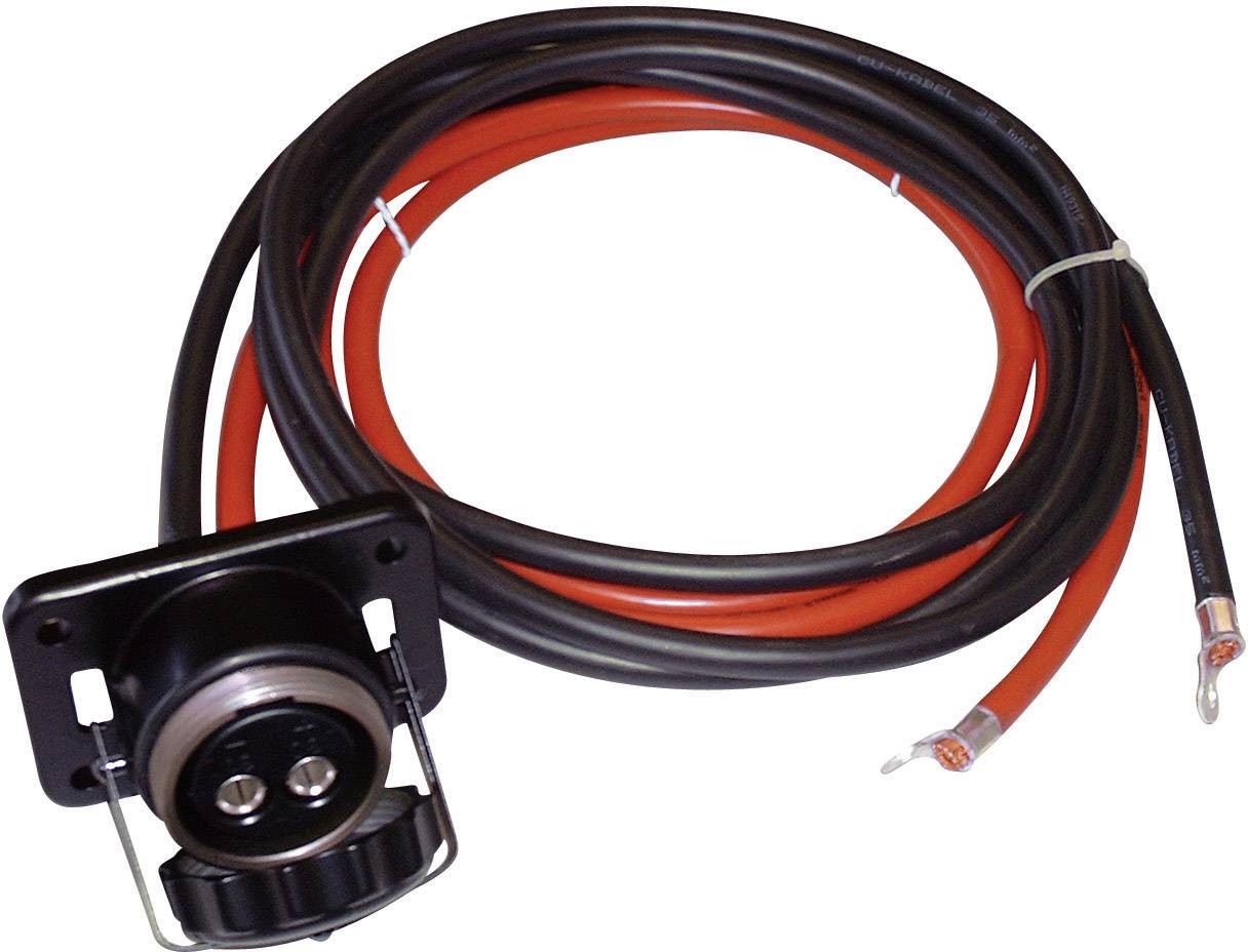 A black and red electrical cable set with a plug and exposed wire ends. Suitable for connecting to electronic devices.