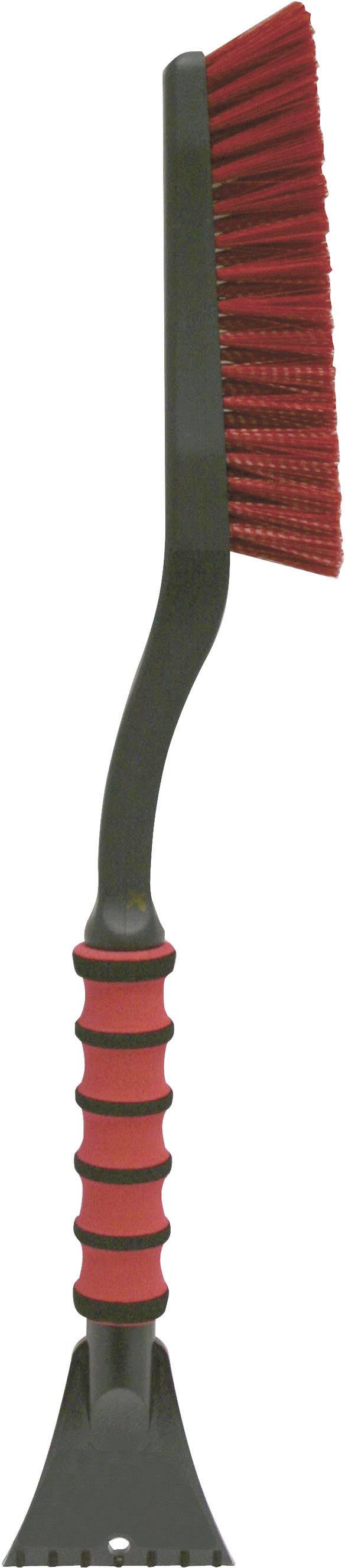 Black ice scraper with red brush handle for removing snow and ice from car windows.