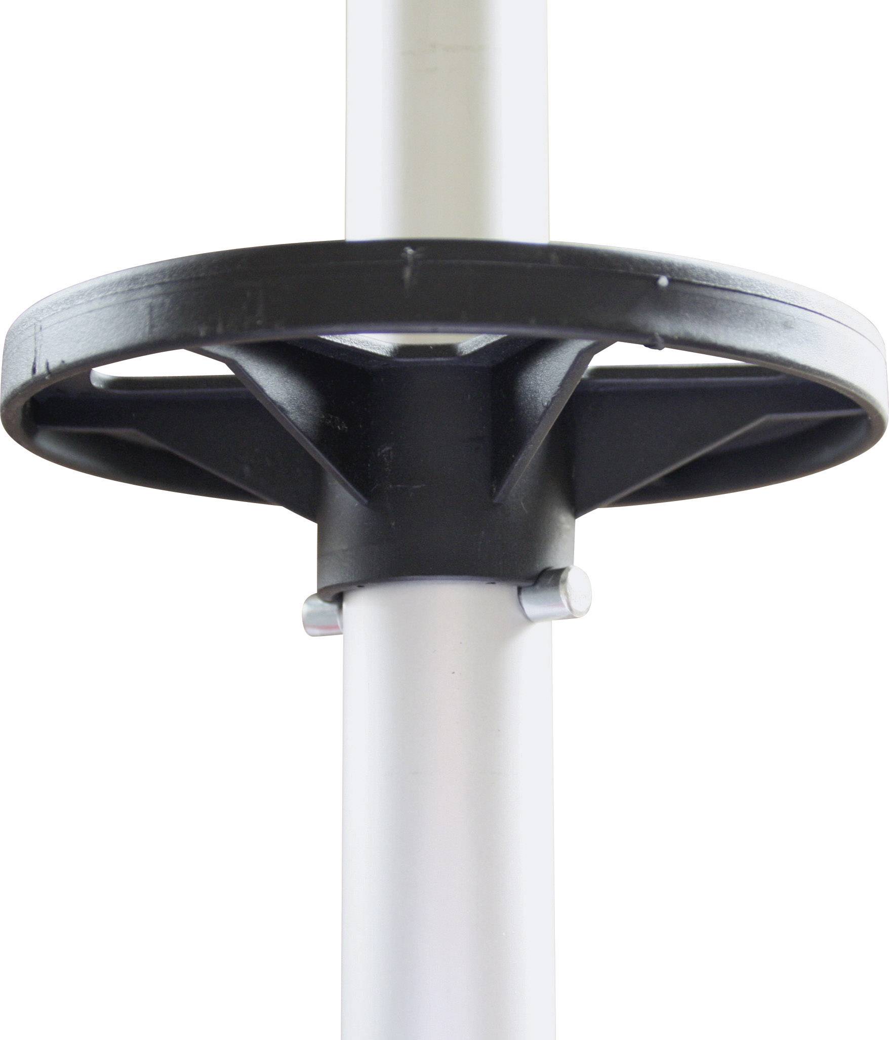 A black, round plastic handle on a silver metal rod, presumably part of a piece of sports equipment or tool.
