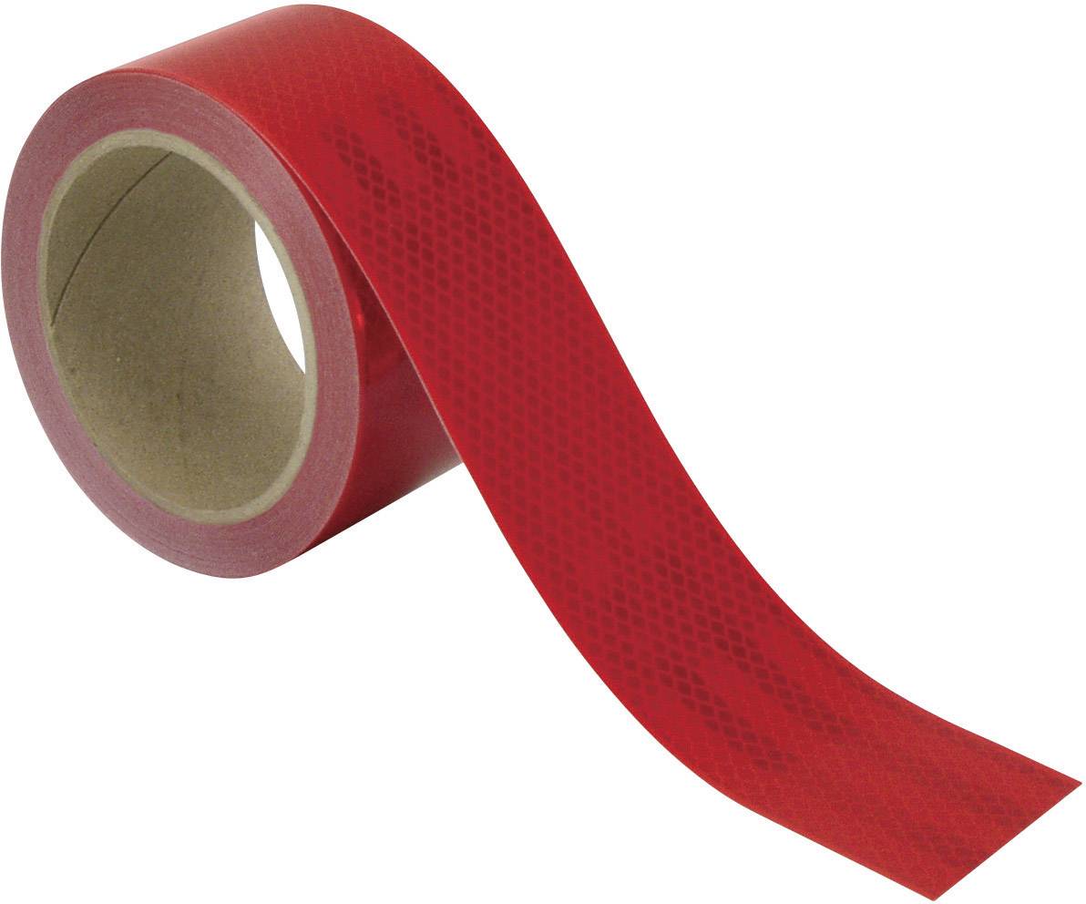 A roll of red reflective tape, unrolled, on a white background.