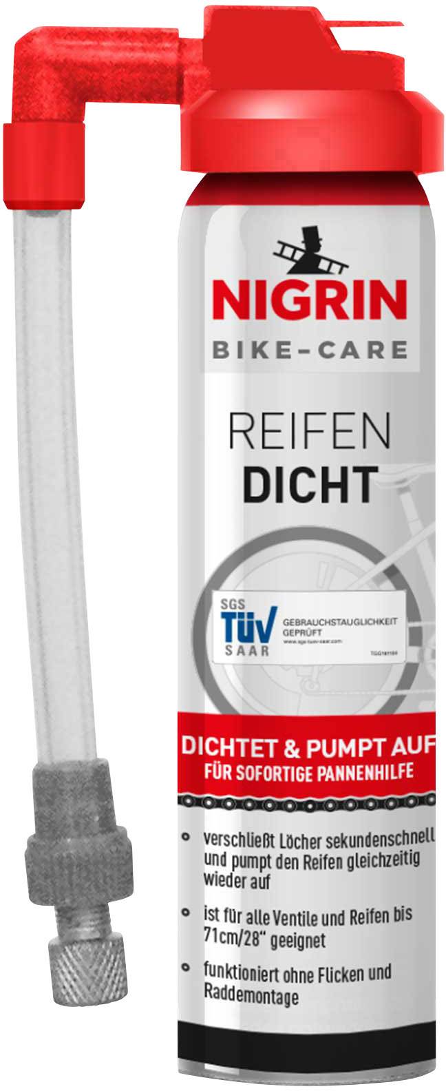 Red tin cap with hose; white spray can by 'Nigrin' for 'tyre sealer'; designed for quick tyre repair and inflation.