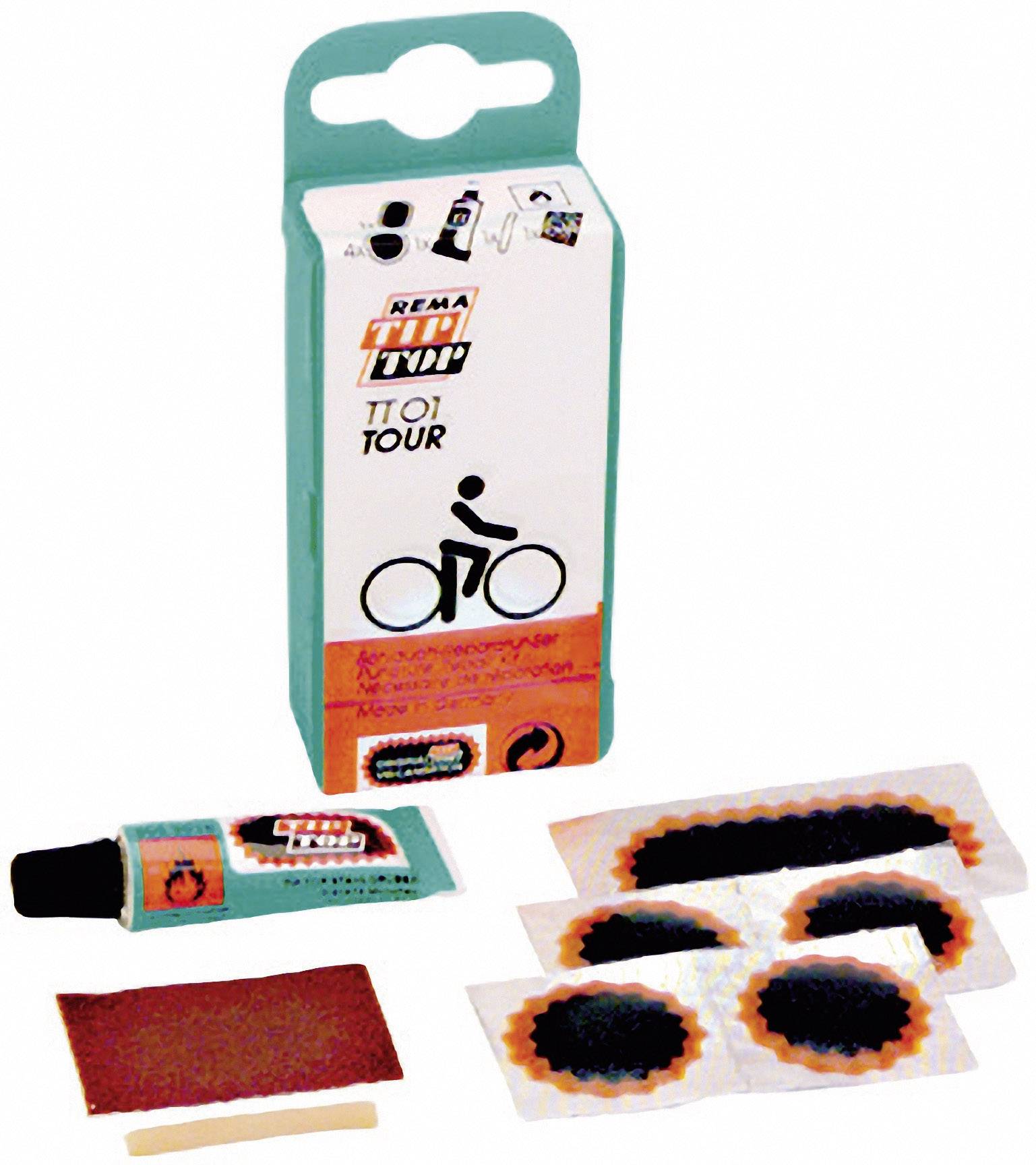 Bicycle repair kit with adhesive, patches, and sandpaper. Packaging displays a bicycle symbol and text 'Tip Top Tour'.