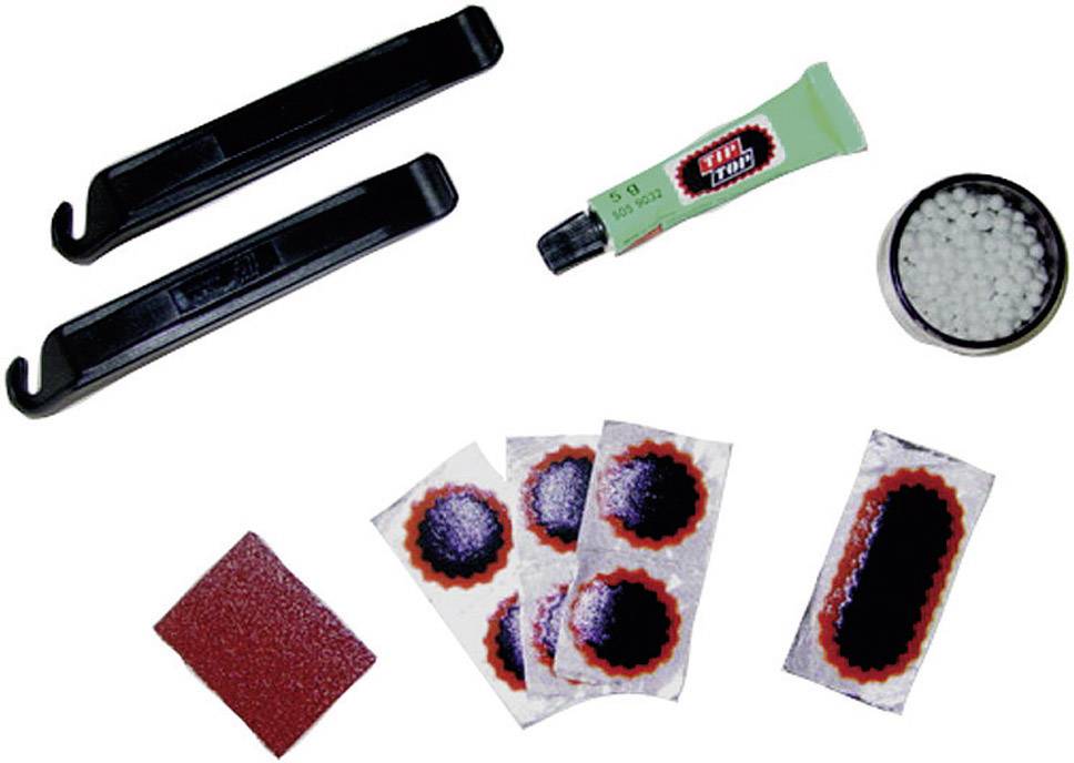 Bicycle tyre repair kit with two tyre levers, an adhesive, sandpaper, several patches and a tin of chalk.