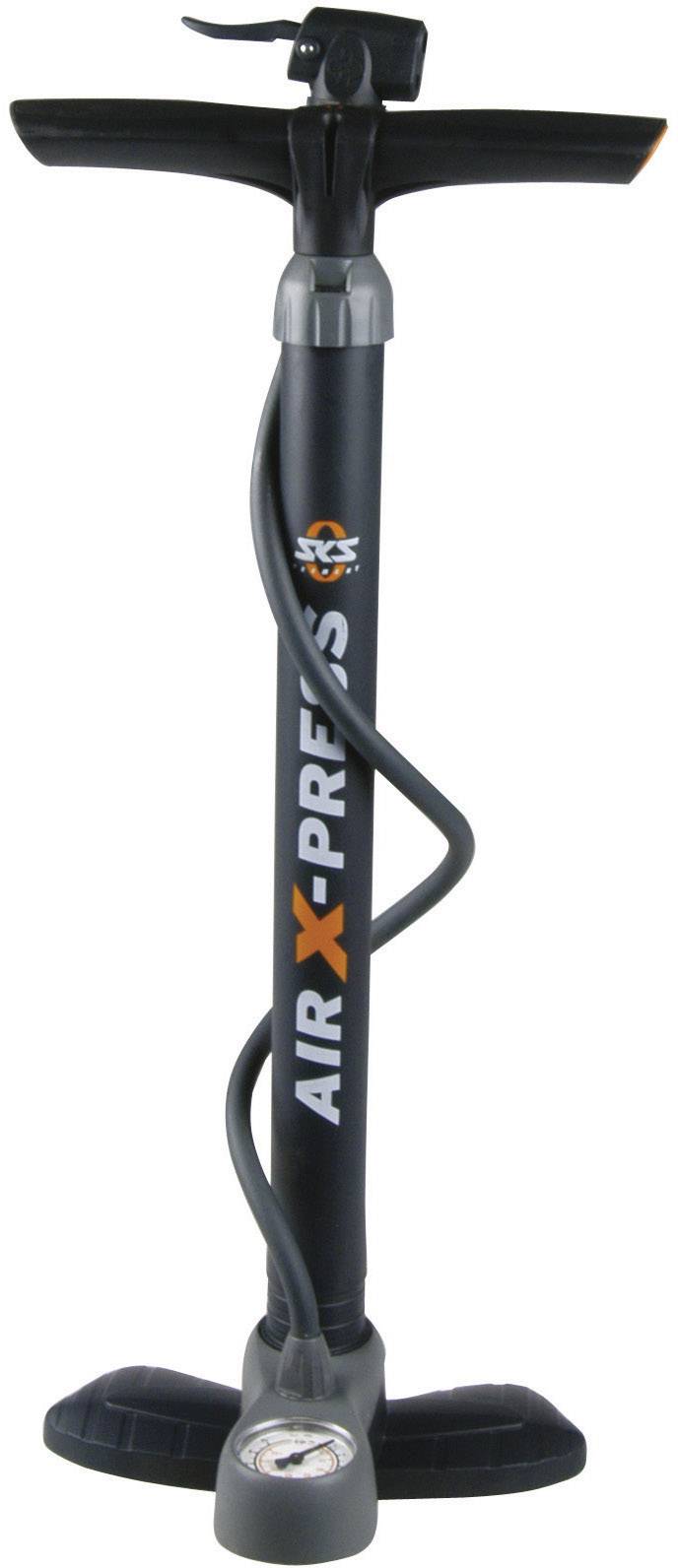 A black bicycle pump with the inscription 'AIR X-PRESS' in orange and white lettering. It has a stand base and a pressure gauge.