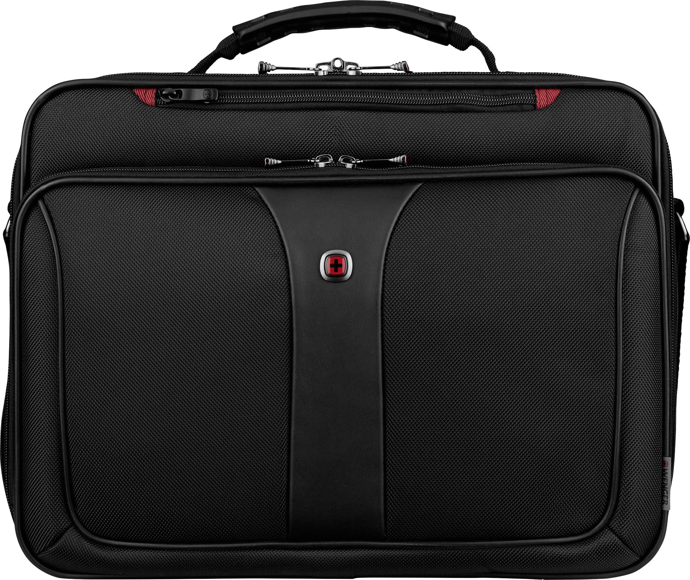 Black, rectangular laptop bag with handle and zip. Central brand logo on the front.