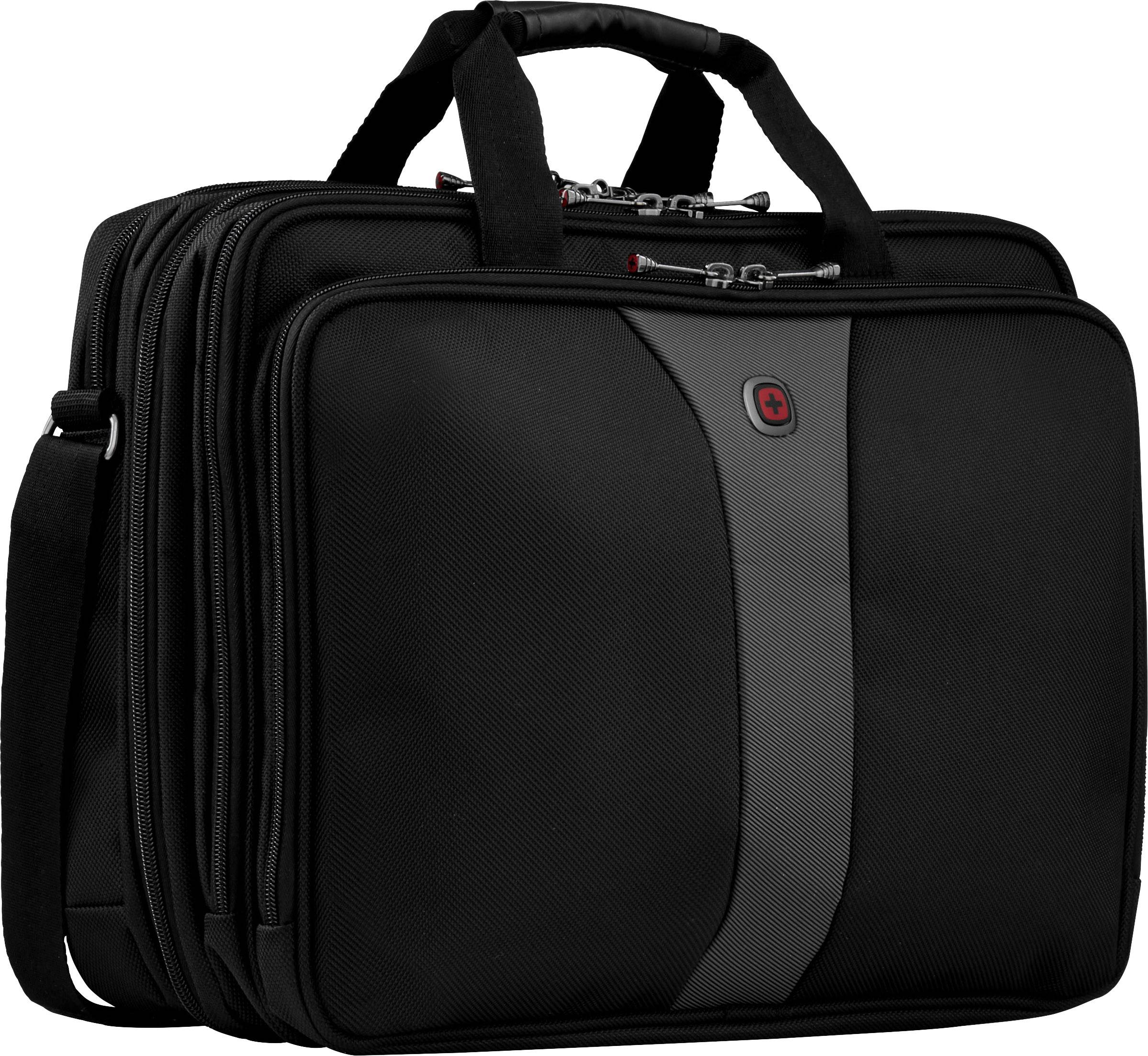 A black laptop bag with multiple zip compartments and carry handles, suitable for transporting and protecting laptops.
