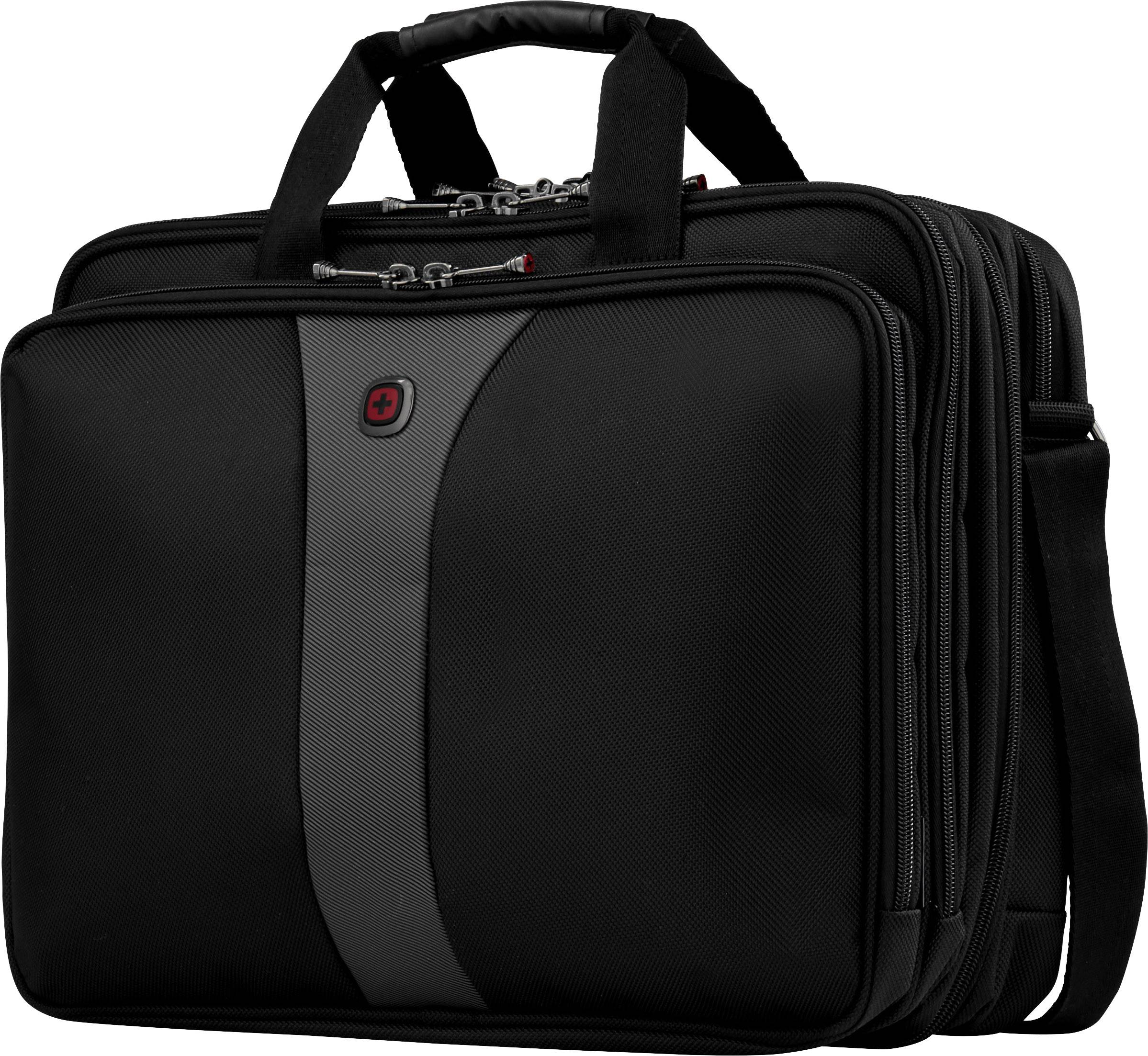 Black laptop bag with carry handle and shoulder strap, multiple compartments, suitable for business travel or office use.