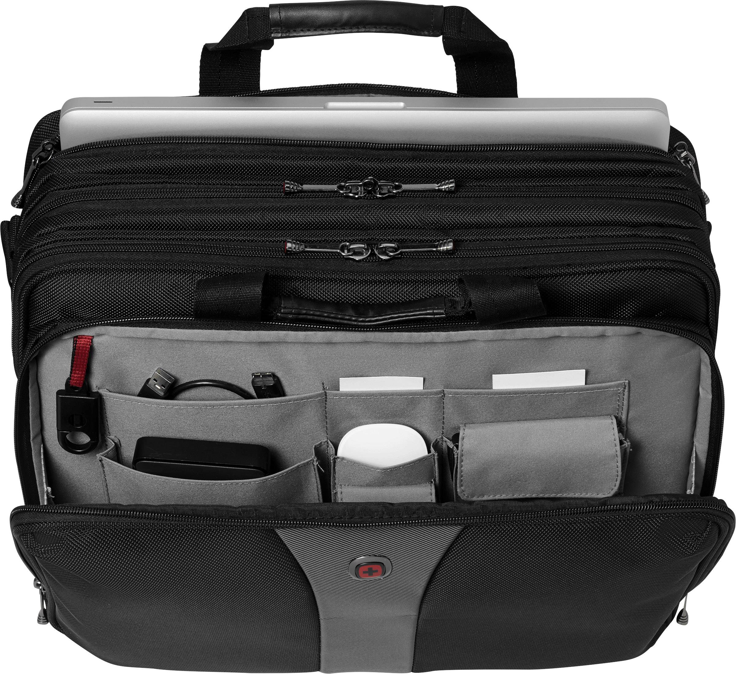 Laptop bag with multiple compartments, opened. A laptop and various small items such as chargers and accessories are visible.