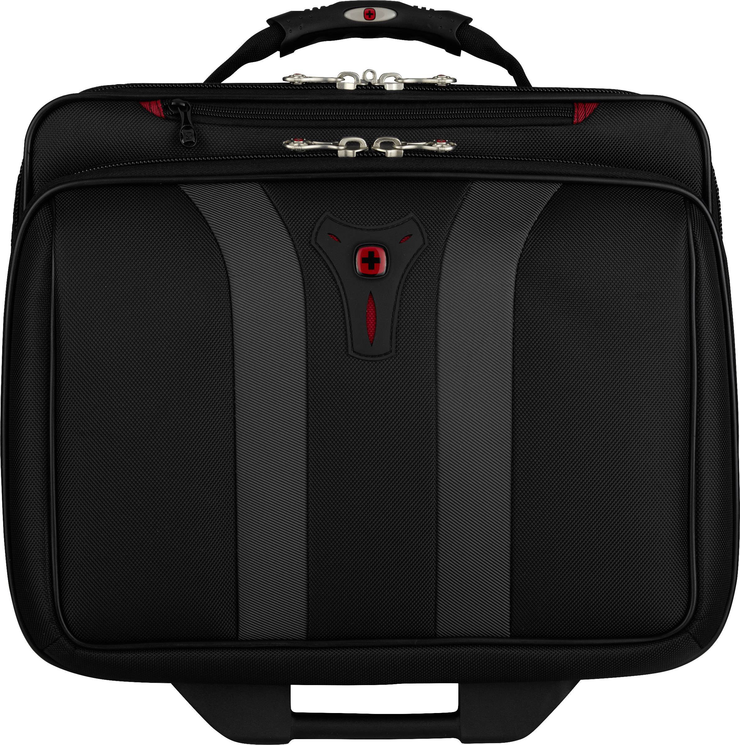 A black laptop bag with grey and red accents, two zips at the top and a carry handle.