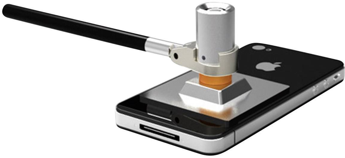 A smartphone is held in a vice while pressure is applied to the screen. A scene testing durability.