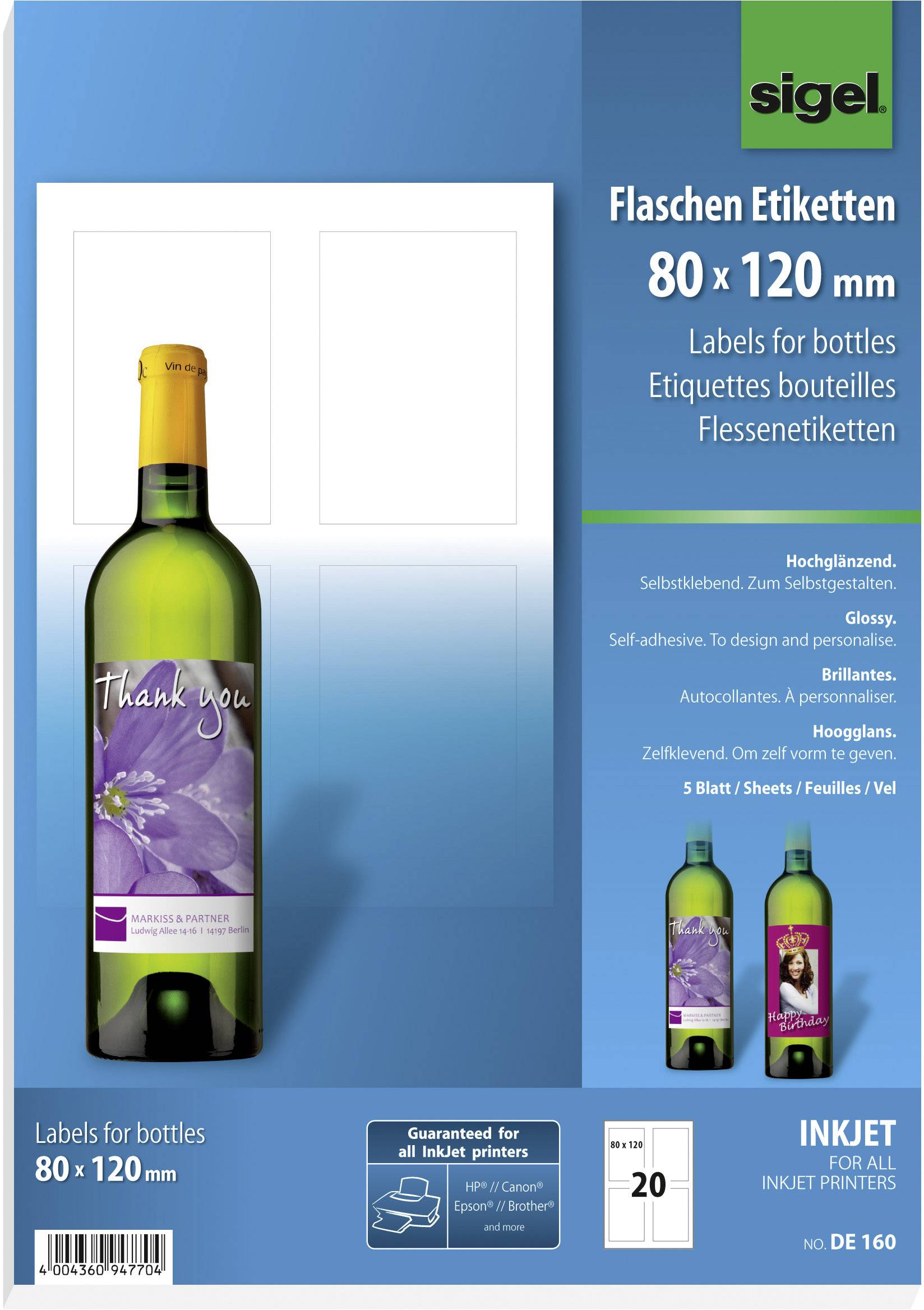 'Bottle Labels 80 x 120 mm' by Sigel, 8 sheets, 20 labels. Suitable for inkjet printers. Example image of a wine bottle with 'Thank you'.
